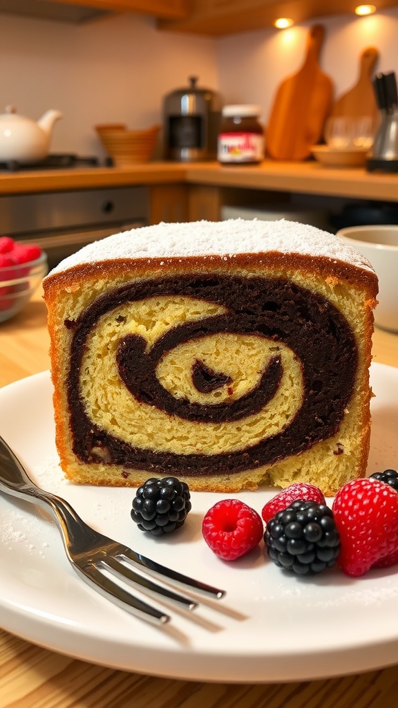 Nutella swirl cake on a plate, dusted with powdered sugar and garnished with berries.